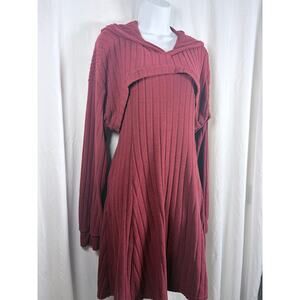 Burgundy Ribbed Knit Hooded Dress Layered Look Long Sleeve XL